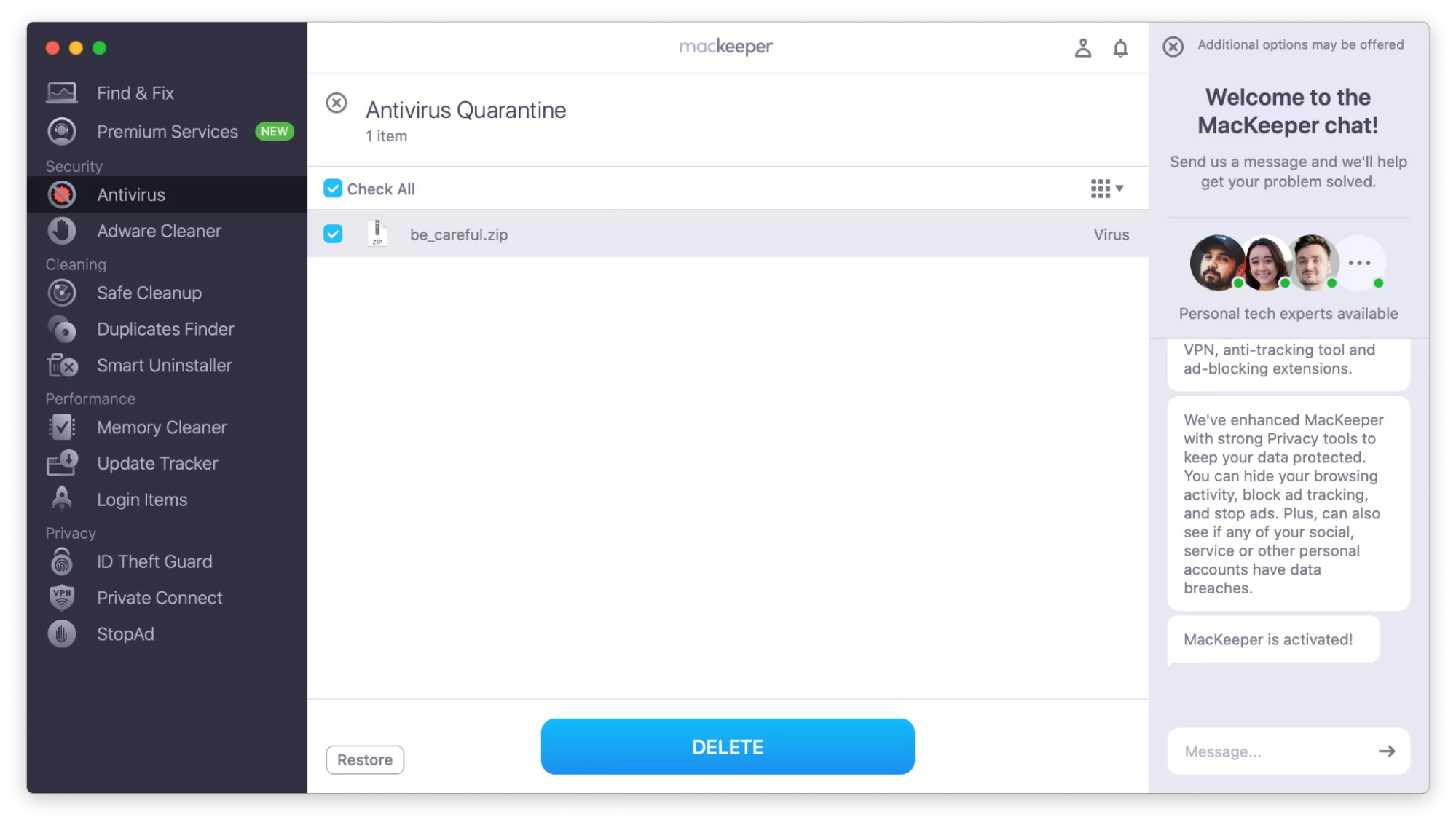 MacKeeper Antivirus on Mac showing a list of identified threats. After selecting the the Bundlore adware, click Move to Quarantine to begin removing it. MacKeeper Antivirus on Mac showing a list of identified threats. After selecting the the Bundlore adware, click Move to Quarantine to begin removing it.