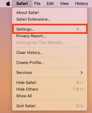 The Safari menu on Mac. Click Settings to find Safari extensions that may be infected with Bundlore. The Safari menu on Mac. Click Settings to find Safari extensions that may be infected with Bundlore.